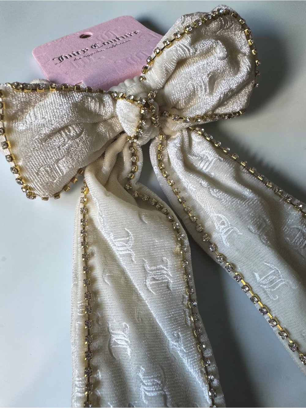 Juicy Couture Cream Bow Hair Clip with Gold Bead Trim NEW